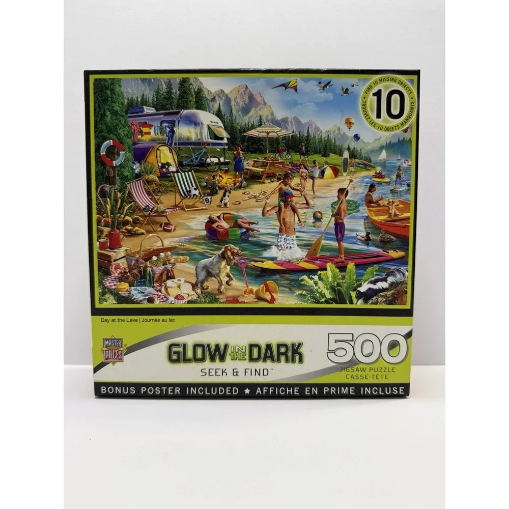 MasterPieces Glow In The Dark 500 Piece Puzzle Day at the Lake Seek & Find Bonus